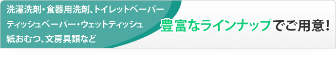 洗濯洗剤・食器用洗剤、トイレットペーパー・ティッシュペーパー・ウェットティッシュ・紙おむつ、文房具類など豊富なラインナップでご用意！